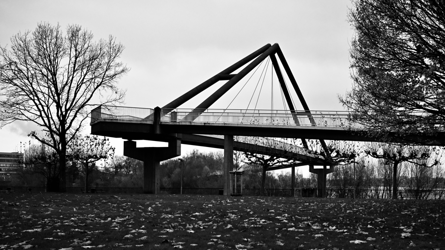 Black and white photo of a modern pedestrian bridge with a distinctive angular or zigzag design, featuring a triangular support structure and suspension cables. The bridge spans over a grassy area with bare trees on either side, and a body of water is visible in the background under an overcast sky.