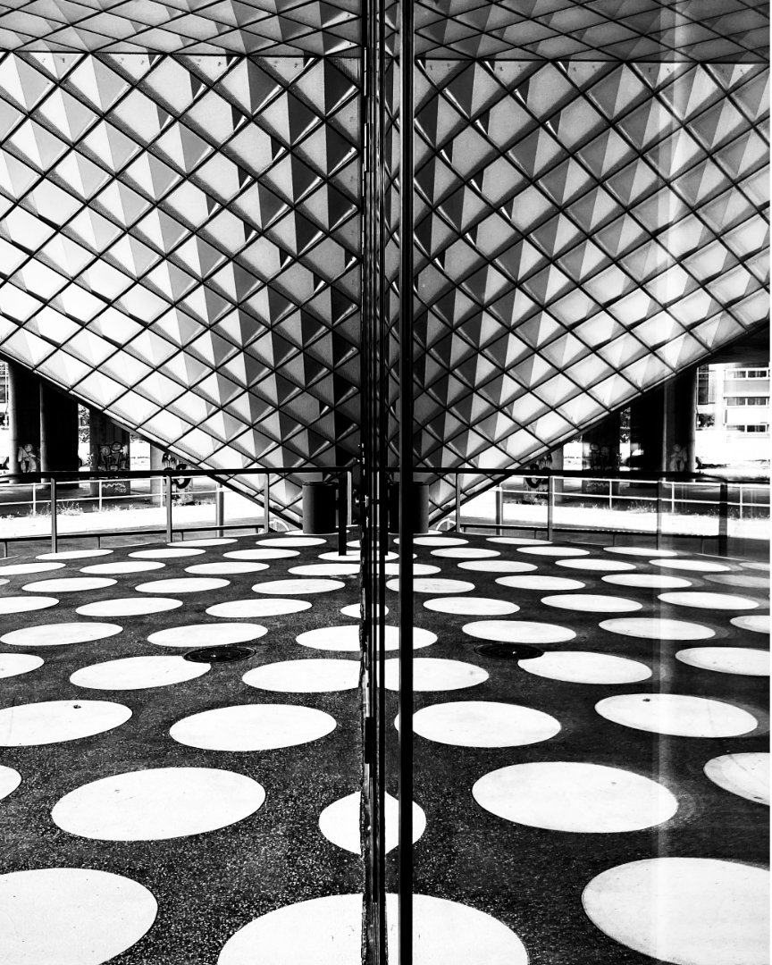 Black and white photo of a modern architectural interior or exterior space, featuring a ceiling or roof with a diamond-patterned glass or metal structure. The floor below has a contrasting pattern of large white circles on a dark background. A strong vertical line in the center creates a symmetrical reflection, emphasizing the geometric design.