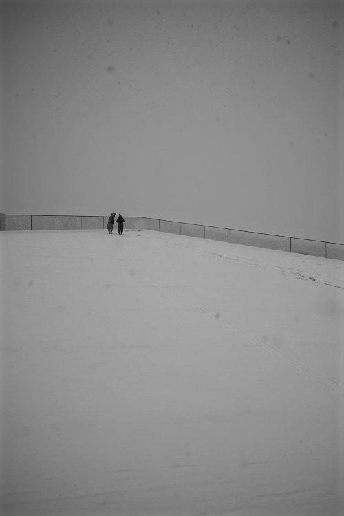 Two people stand on a snow-covered hill next to a fence under a gray, overcast sky.