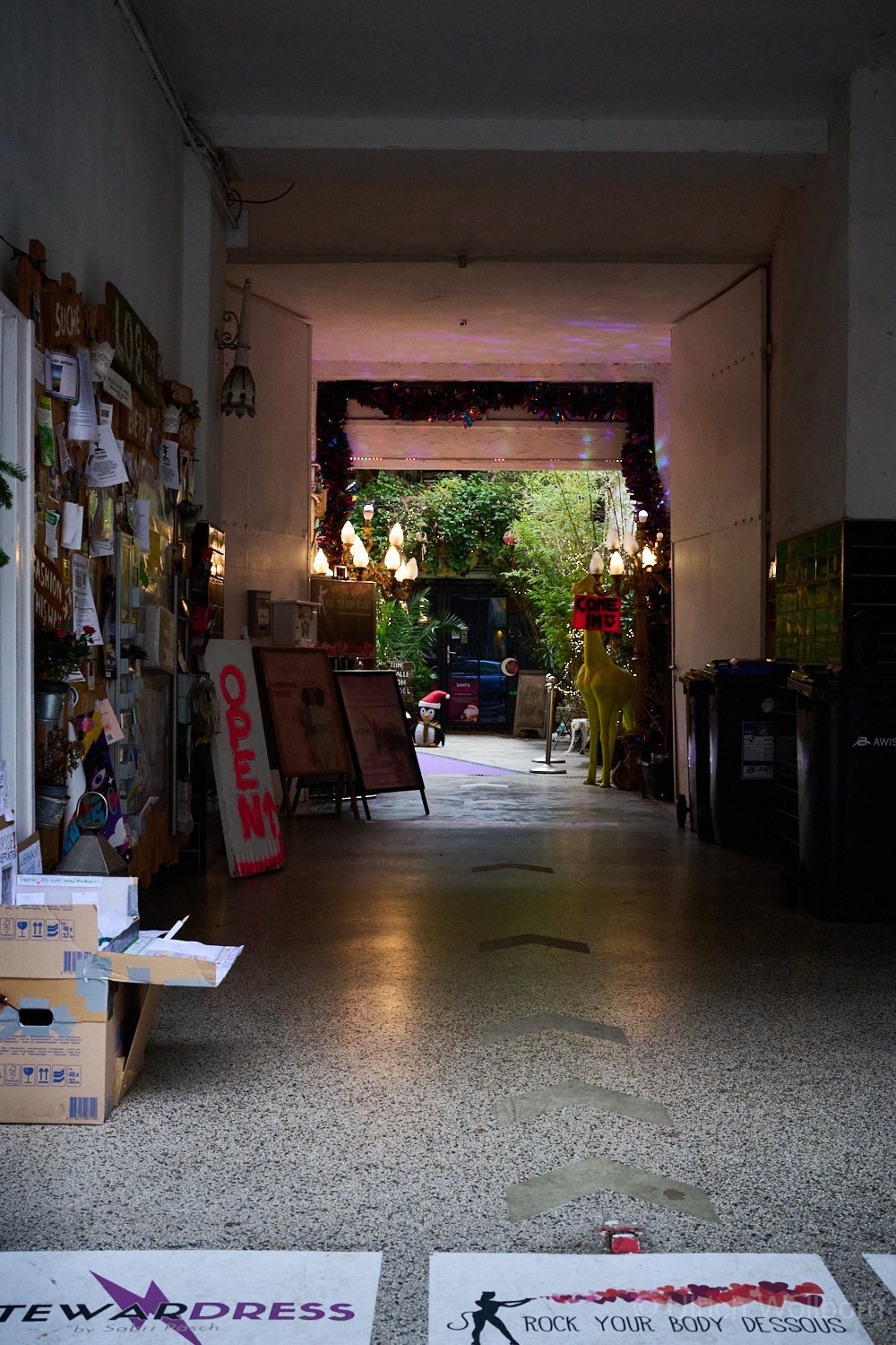 View through a dimly lit passageway with arrows on the floor, leading to a vibrant courtyard decorated with lights, plants, and signs including a yellow giraffe holding a "Come In" sign. Reflections of a person are faintly visible in the glass surfaces along the passage.
